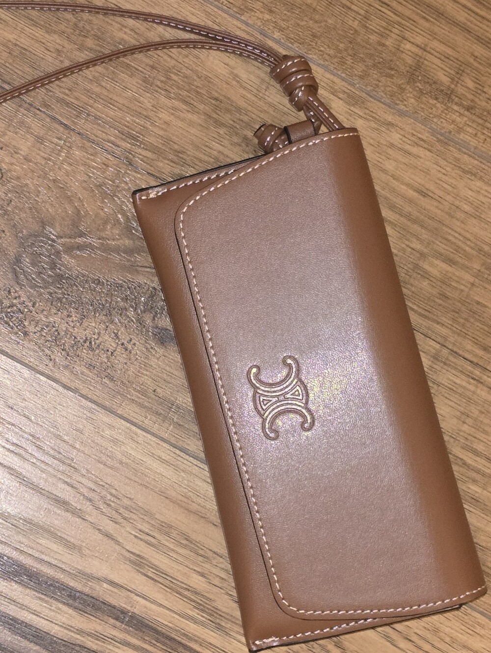 CELINE Tan/Chestnut Brown Leather Triomphe Sunglasses Case Wristlet